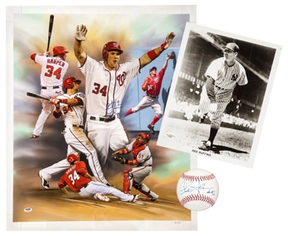 Lot of (3) Bryce Harper Signed 18x24 Giclee Canvas, Charlie Sheen Signed Official MLB Baseball and Red Ruffing Signed B&W 8x10 Photograph 